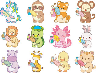 Set Vector Stock Illustrations Isolated of Baby Animals.
Cute animals with various activities.
Funny sticker of animal kids.