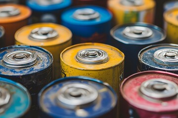 Colorful Vintage Metal Cans Stacked Close Up Grunge Texture Industrial Background