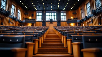 Obraz premium Auditorium seats, hall, lecture, event, wood, rows, empty, interior, presentation, education