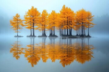 Fototapeta premium ethereal misty lake at dawn surrounded by golden autumn trees their reflection creating perfect symmetry in still waters