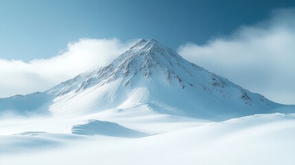Majestic snow-capped mountain peak rising above a serene, snow-covered landscape under a bright, clear sky.
