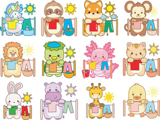 Fototapeta premium Set Vector Stock Illustrations Isolated of Baby Animals. Cute animals with various activities. Funny sticker of animal kids.