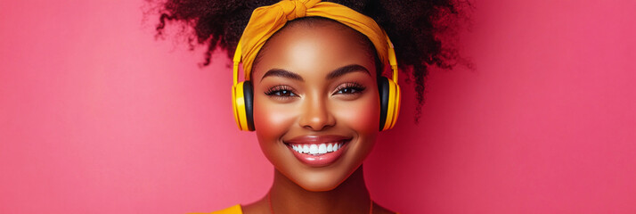 A cheerful African American woman with headphones, in a mock-up style with a soft pink background, emphasizing the concept of music enjoyment or learning in a minimalist design
