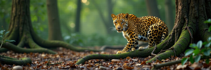 Leopard blends into forest floor with twisted tree roots and vines snaking around its body , nature, trees, camouflage