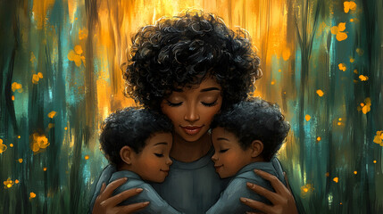 Mother embracing twins in a sunlit forest; heartwarming family scene for greeting cards