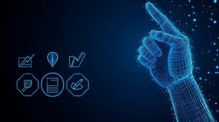 Digital Hand Points to Data And Information Icons