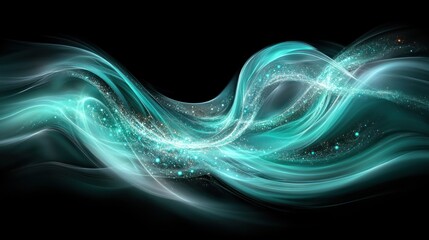Abstract teal wave with sparkles on black background.