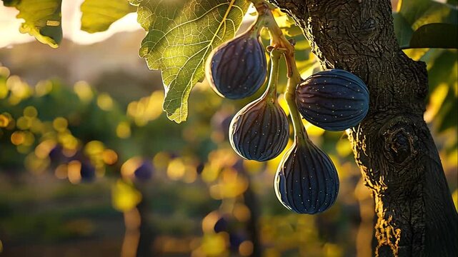 Ripe figs hanging from a fig tree branch, illuminated by golden sunlight.