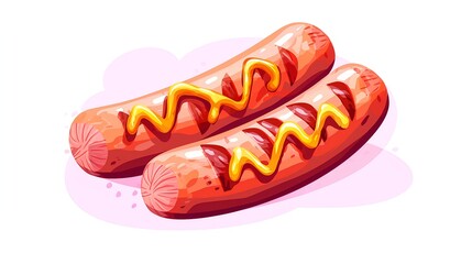 Colorful Illustration of Two Hot Dogs with Mustard and Ketchup Drizzles