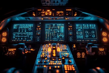 Advanced cockpit control panel illuminated in blue and orange at night for flight operations