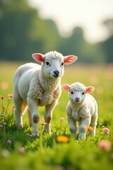 Obraz premium Sheep and adorable lamb grazing in the field with flowers, petting zoo scene, farm photography, organic farming