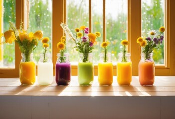 colorful glass bottles brimming freshly squeezed juice droplets bright background, beverage, vibrant, liquid, celebration, health, refreshment, organic