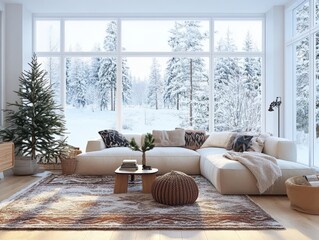 A cozy living room with snow covered snowy background