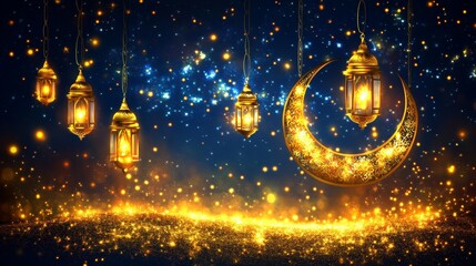 Golden lanterns and crescent moon on starry night sparkling background