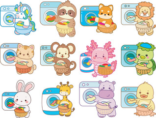 Set Vector Stock Illustrations Isolated of Baby Animals.
Cute animals with various activities.
Funny sticker of animal kids.