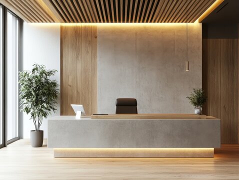 A reception area features a modern design using wood and stone