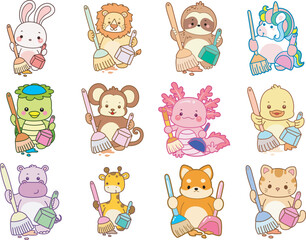 Fototapeta premium Set Vector Stock Illustrations Isolated of Baby Animals. Cute animals with various activities. Funny sticker of animal kids.
