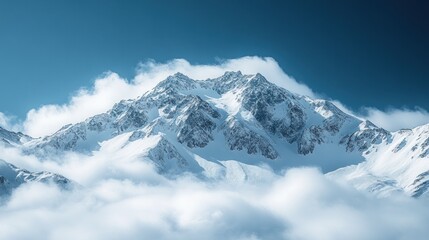 Obraz premium Majestic snow-capped mountain peak piercing through clouds under a vibrant blue sky.