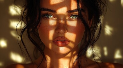 Close-up portrait of a woman with green eyes and freckles, sunlight casting shadows on her face.