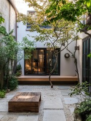 The elegant courtyard shows a serene garden space outdoors