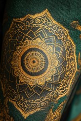 Fototapeta premium A close-up of a tattoo on an arm that is designed with intricate patterns and gold ink, featuring traditional Indian motifs.