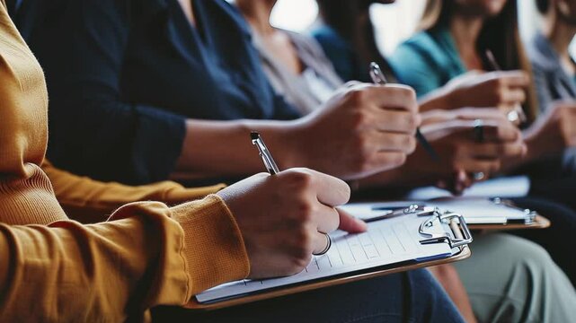 A close up of a man taking notes during a group therapy session, with blurred participants in the background in a comfortable setting.