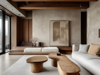 Modern minimalist living room with custom wooden furniture and decor