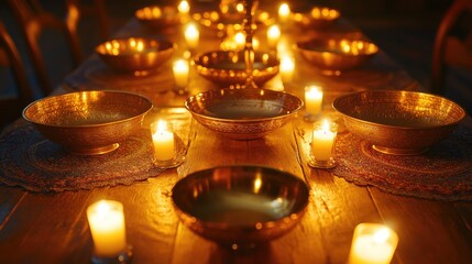 Traditional table setting for a special dinner or ceremony. The table is set with golden bowls and surrounded by lit candles creating a warm, inviting atmosphere.