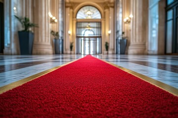 Obraz premium Elegant red carpet leading to grand entrance in opulent hall with marble floor and columns creating a sense of arrival and prestige