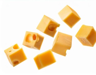 falling cheese cubes isolated on white background