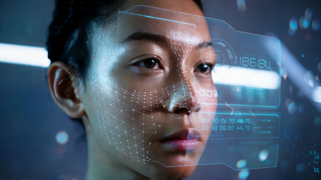 Woman's Face with Facial Recognition Technology Overlay in Futuristic Setting