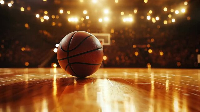 A basketball rests on the polished court as bright arena lights illuminate the surroundings during an intense game atmosphere - Powered by Adobe