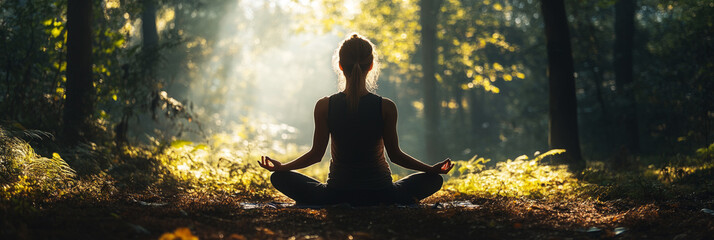 In a sunlit forest clearing, a woman holds a perfect yoga pose, her body aligned with the natural rhythm of the trees and the soft, dappled light, embodying calm and deep harmony with nature, banner