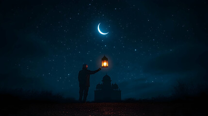 Obraz premium Night sky, crescent moon, man holding lantern, mosque, faith
