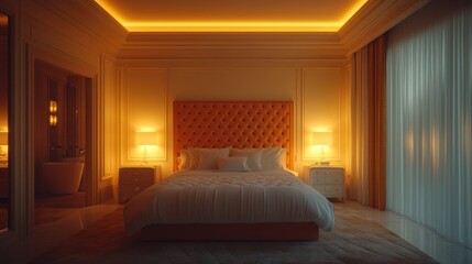 Luxury bedroom, sunset, city view, interior design