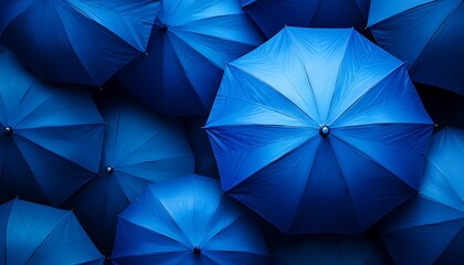 Blue umbrellas overhead, city background, protection concept