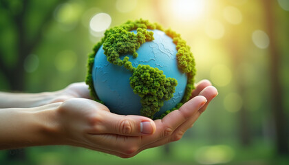 Human hands holding a green planet symbolizing environmental protection in a lush forest
