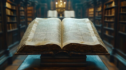 Obraz premium Open antique book on stand in grand library