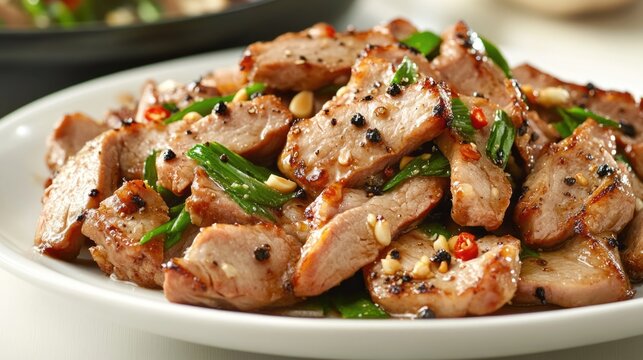 A delicious and healthy meal of stir fry meat, possibly beef or pork. The dish is garnished with pepper, garlic, and ginger for added flavor.