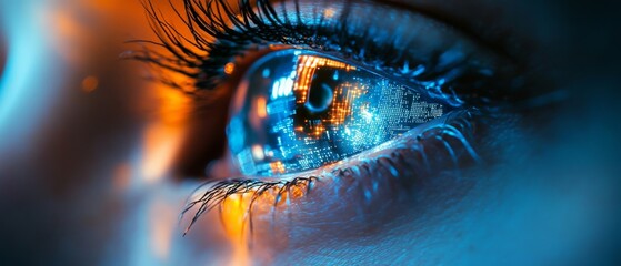 A close-up of a blue, digitally enhanced eye reflects a futuristic cityscape, merging human experience with advanced technology.