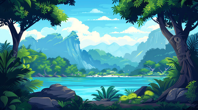 Lush Tropical Jungle Landscape. Green Forest with Mountains, Trees, and Wildlife in a Vibrant Natural Scene,  summer landscape with forest and mountains