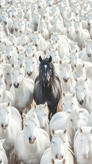 Obraz premium Black Sheep Standing Out in a Dense Crowd of White Sheep, Symbolizing Individuality, Uniqueness, and Contrast in a Thought-Provoking Composition