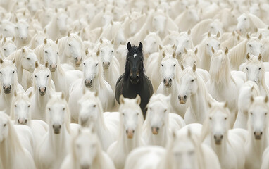 Obraz premium Black Sheep Standing Out in a Dense Crowd of White Sheep, Symbolizing Individuality, Uniqueness, and Contrast in a Thought-Provoking Composition