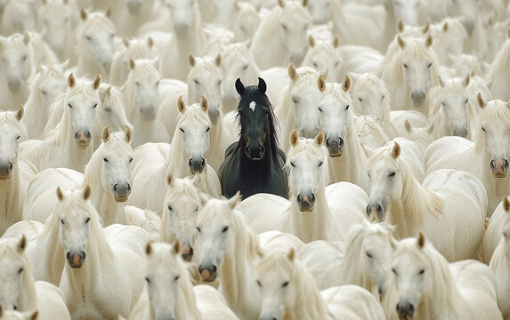 Black Sheep Standing Out in a Dense Crowd of White Sheep, Symbolizing Individuality, Uniqueness, and Contrast in a Thought-Provoking Composition