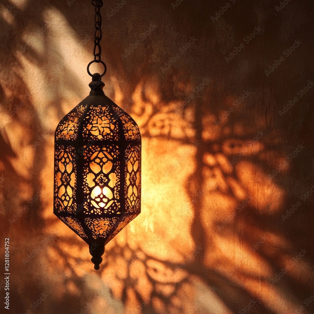 Poster an ornate lantern hangs gracefully, illuminating a wall with mesmerizing arabesque shadows. the gent