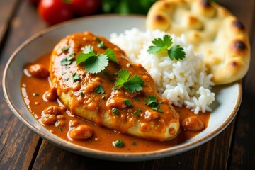 Spicy curry sauce, chicken breast, basmati rice, naan bread, yoghurt raita , , Chicken tikka masala, naan bread