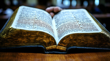 Open bible, person reading, church, blurred background, religious study