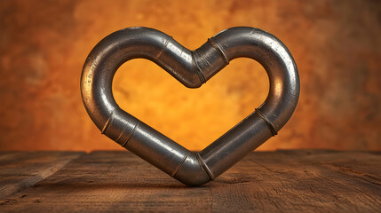 Rustic metallic heart-shaped pipe on wooden surface with warm background