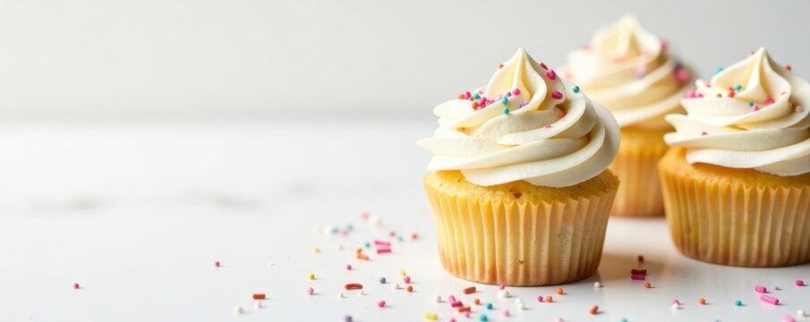 Vanilla cupcakes with colorful sprinkles on a white background, celebratory atmosphere, birthday, cake