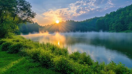 A peaceful scene of a river at sunrise, with mist and fog gently settling on the surface.